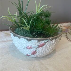 White Textured Bowl with Pink Floral Design & green flowers
